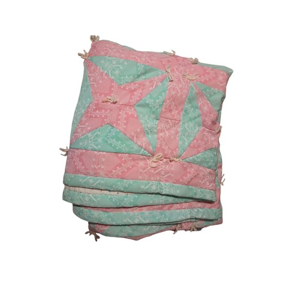 Handmade Pink & Green Star Patchwork Quilt w Heart Print Back 82x68 - Picture 1 of 6